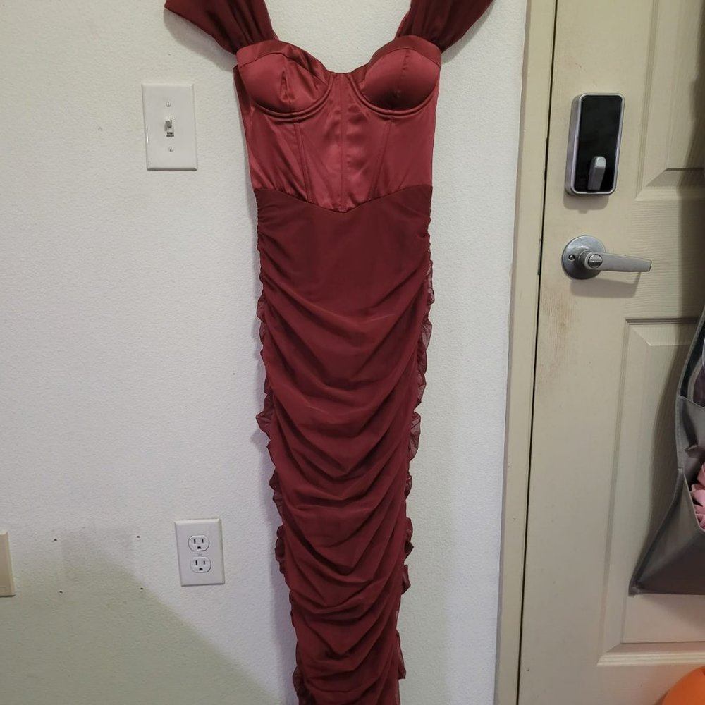 Oh Polly Off The Shoulder Ruched Corset Maxi Dress in Red (Cecily)